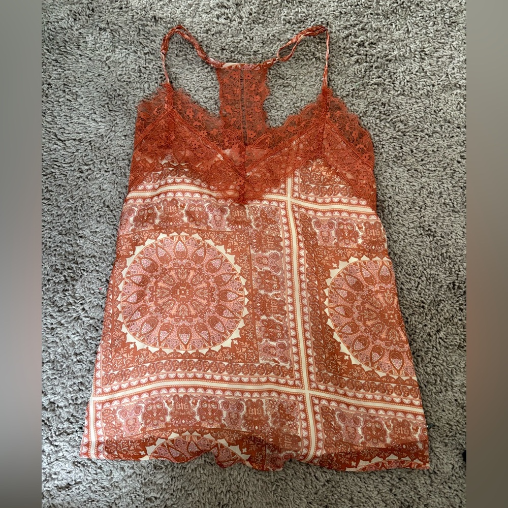 Lace Trim Bohemian Print Cami Top - Rust